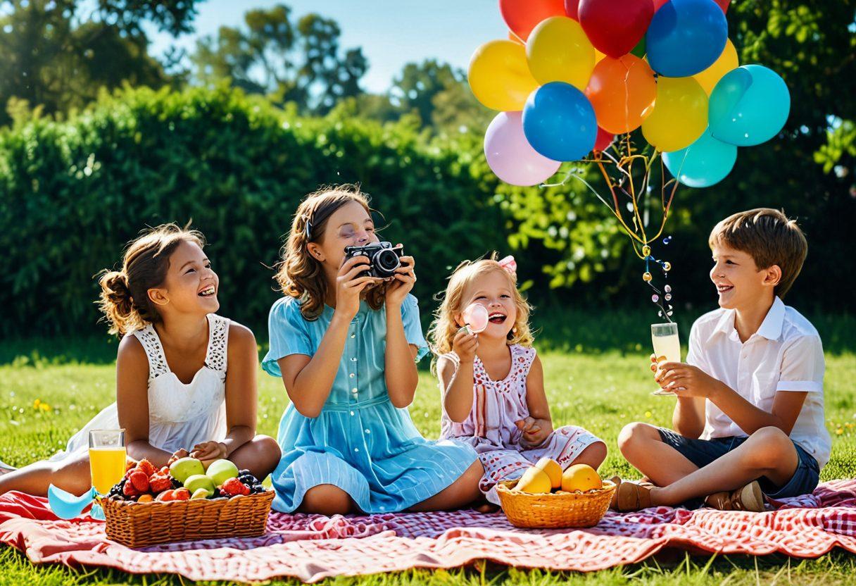 A joyful family picnic scene under a bright, blue sky, capturing moments of laughter and play with a camera in hand. Include a vintage camera focused on a smiling child blowing bubbles, vibrant balloons in the background, and a picnic blanket spread with delicious food. Emphasize warmth, togetherness, and happiness in the atmosphere. super-realistic. vibrant colors. soft focus.