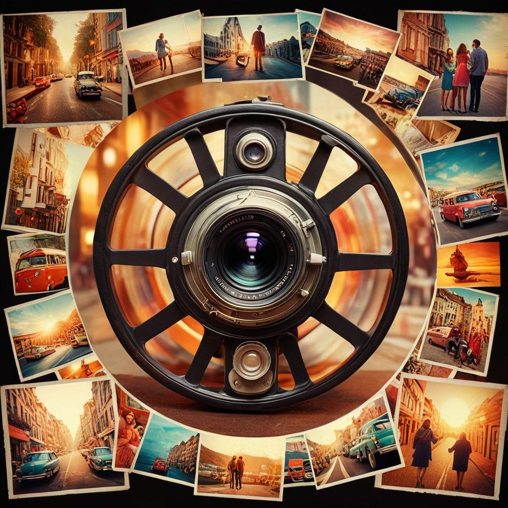 A visually stunning collage featuring a vintage camera transforming into a film reel, symbolizing the journey from snapshots to cinematic storytelling. Include elements of joy like people laughing and sharing moments, with vibrant colors radiating warmth and happiness. The background should be an abstract blend of film scenes, capturing various emotions, framed with soft, dreamy lighting. super-realistic. vibrant colors. 3D.