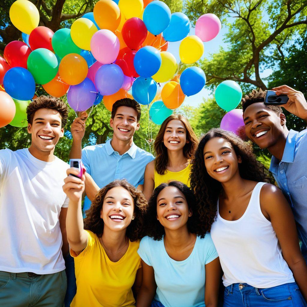 A colorful montage showcasing a diverse group of people capturing joyful moments with a digital camera in natural settings, such as parks, beaches, and family gatherings, surrounded by vibrant balloons and playful light reflections. Emphasize happiness and togetherness with smiling faces and candid shots. Include elements like blooming flowers and a bright blue sky. super-realistic. vibrant colors. outdoor setting.